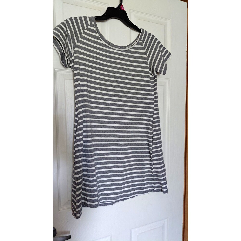 Women's Gray White Striped T-Shirt Dress S Short Sleeve Scoop Neck Pockets